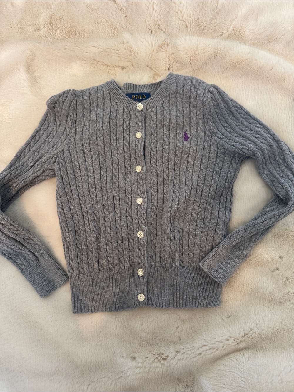 Polo by Ralph Lauren Gray Cable-Knit Crewneck Cardigan with Purple Pony